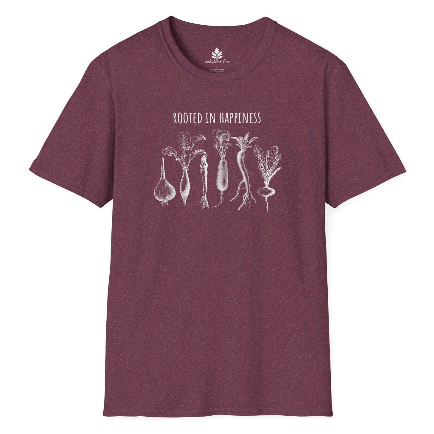 Heather Maroon gardening tee shirt with vegetables on it and says Rooted in Happiness