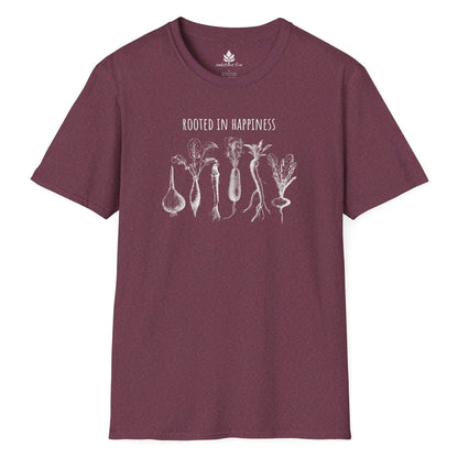 Heather Maroon gardening tee shirt with vegetables on it and says Rooted in Happiness