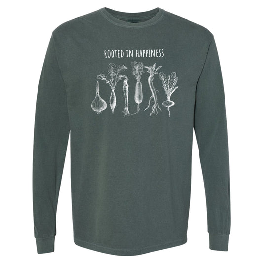 Green long sleeve gardening shirt with vegetables that says rooted in happiness