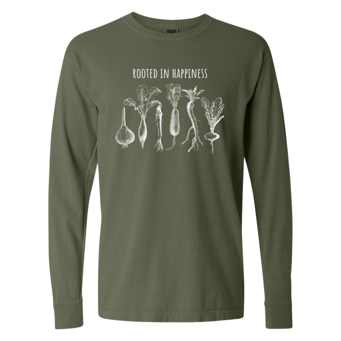 Hemp long sleeve gardening shirt with vegetables that says rooted in happiness