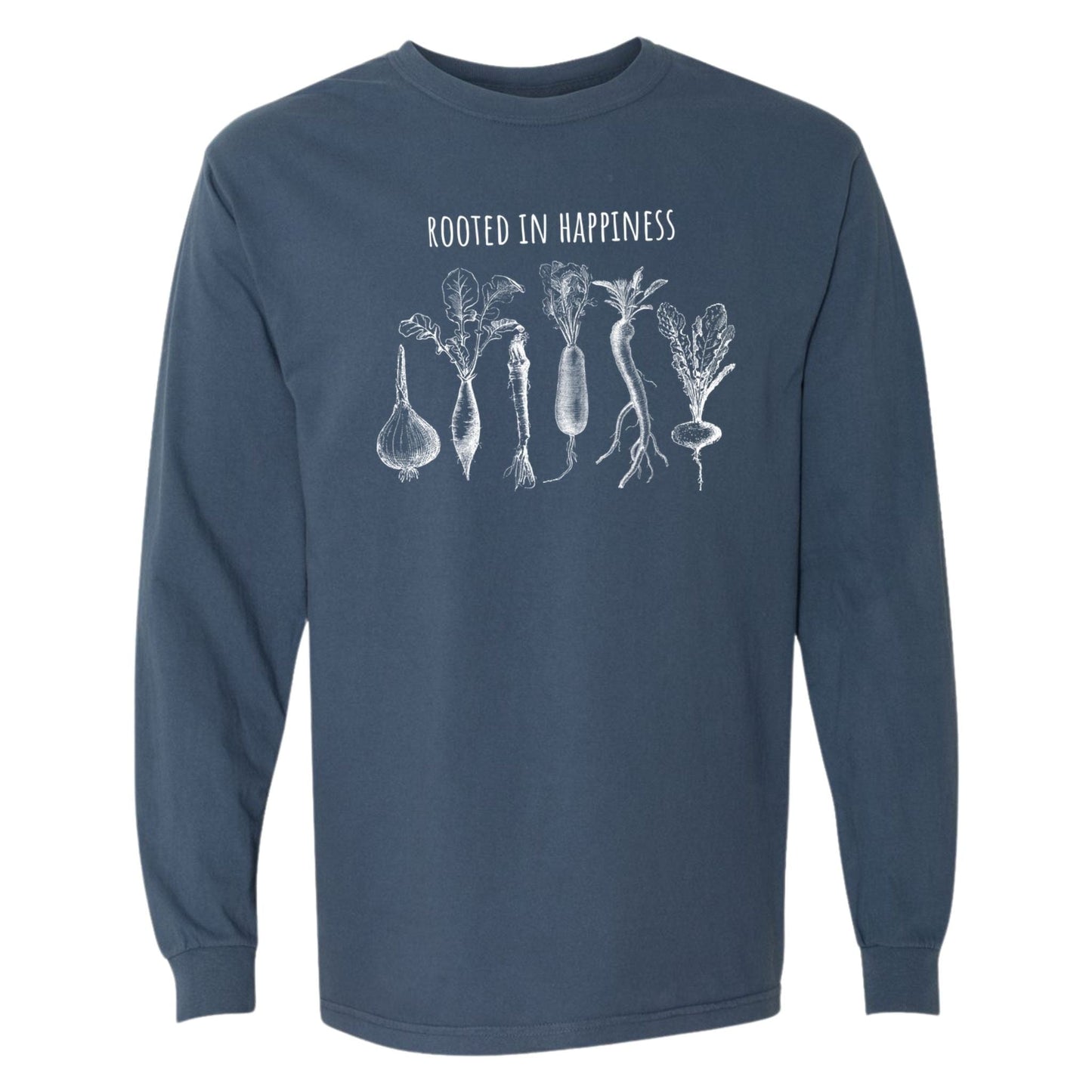 Blue long sleeve gardening shirt with vegetables that says rooted in happiness