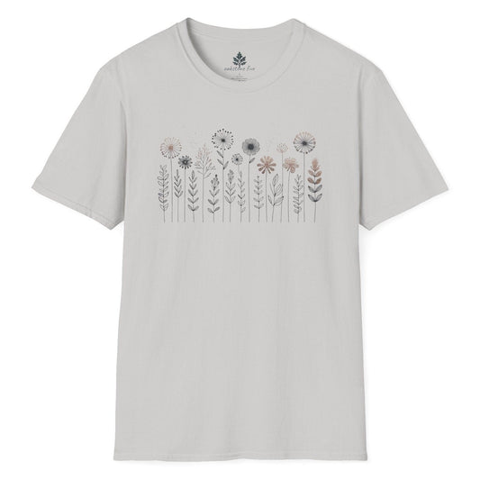 Light grey nature tee shirt with a row of simple wildflowers