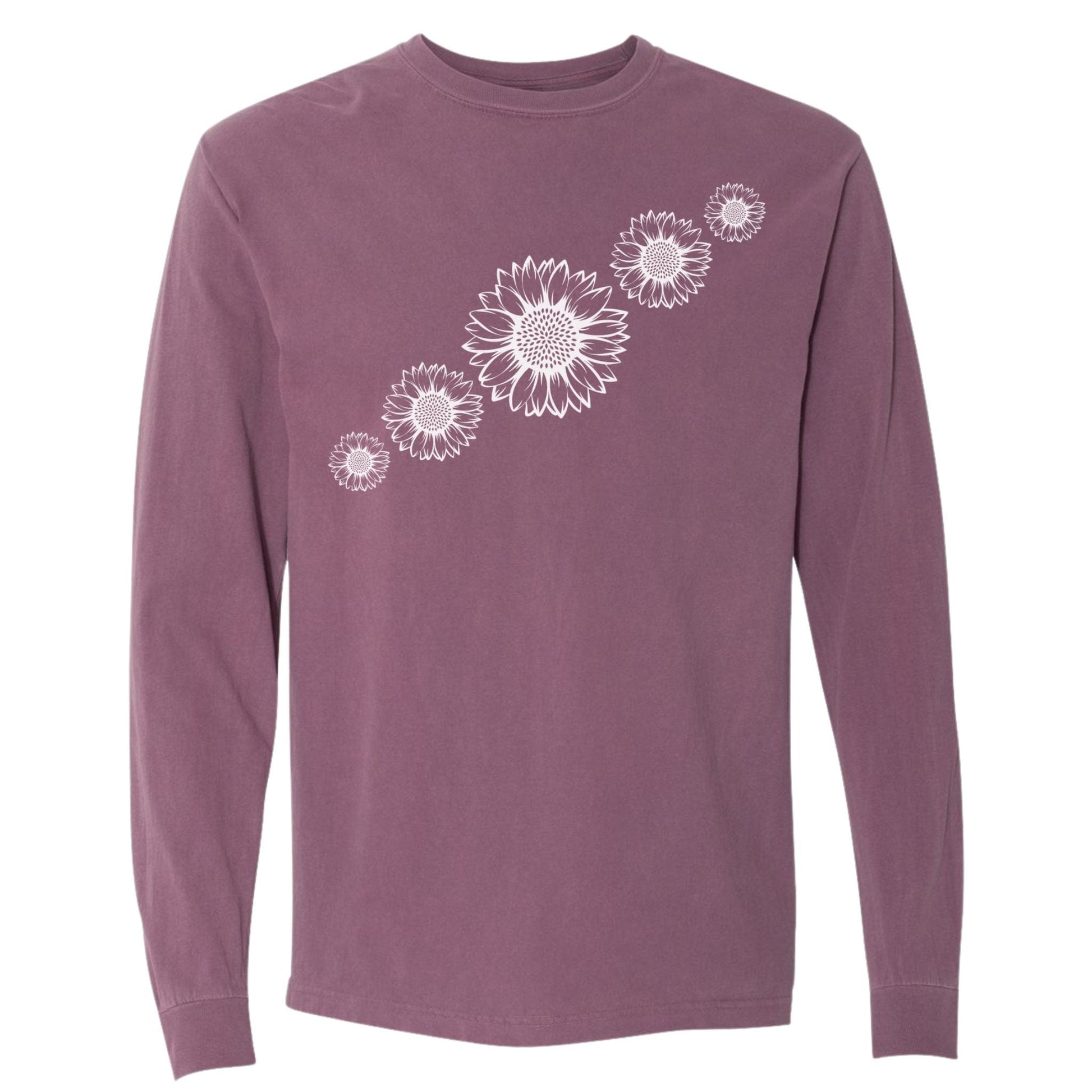 Berry colored flower lovers t-shirt that has white sunflowers