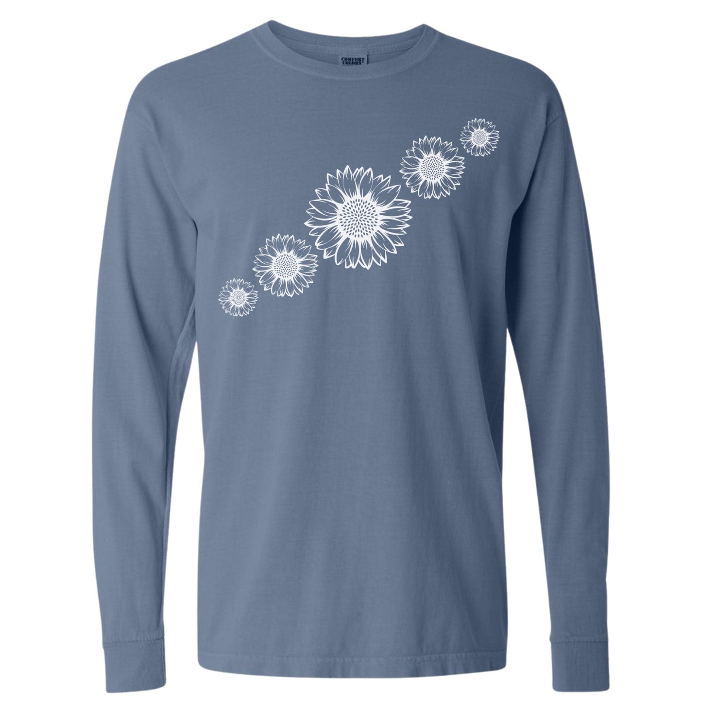 Blue flower lovers t-shirt that has white sunflowers