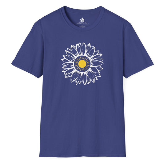 Metro Blue tee shirt with a sunflower that has a sunshine as the flower center