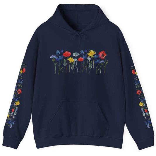 Navy flower lovers hoodie that has colorful wildflowers on front, sleeves, and back