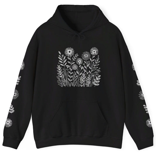 Black nature hoodie that has white wildflowers on the front and on both sleeves