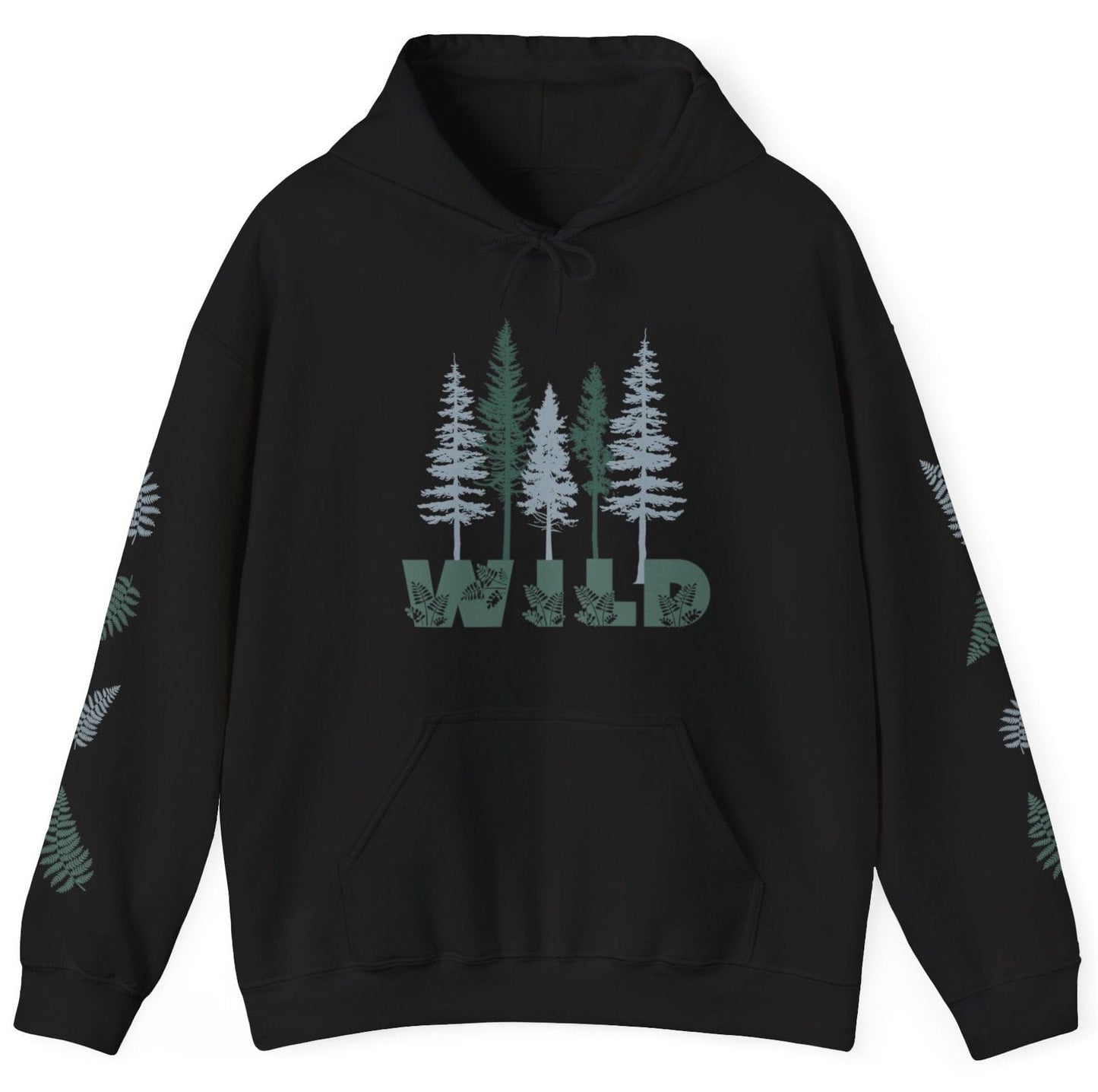 Black nature lover's hoodie with pine trees and says WILD