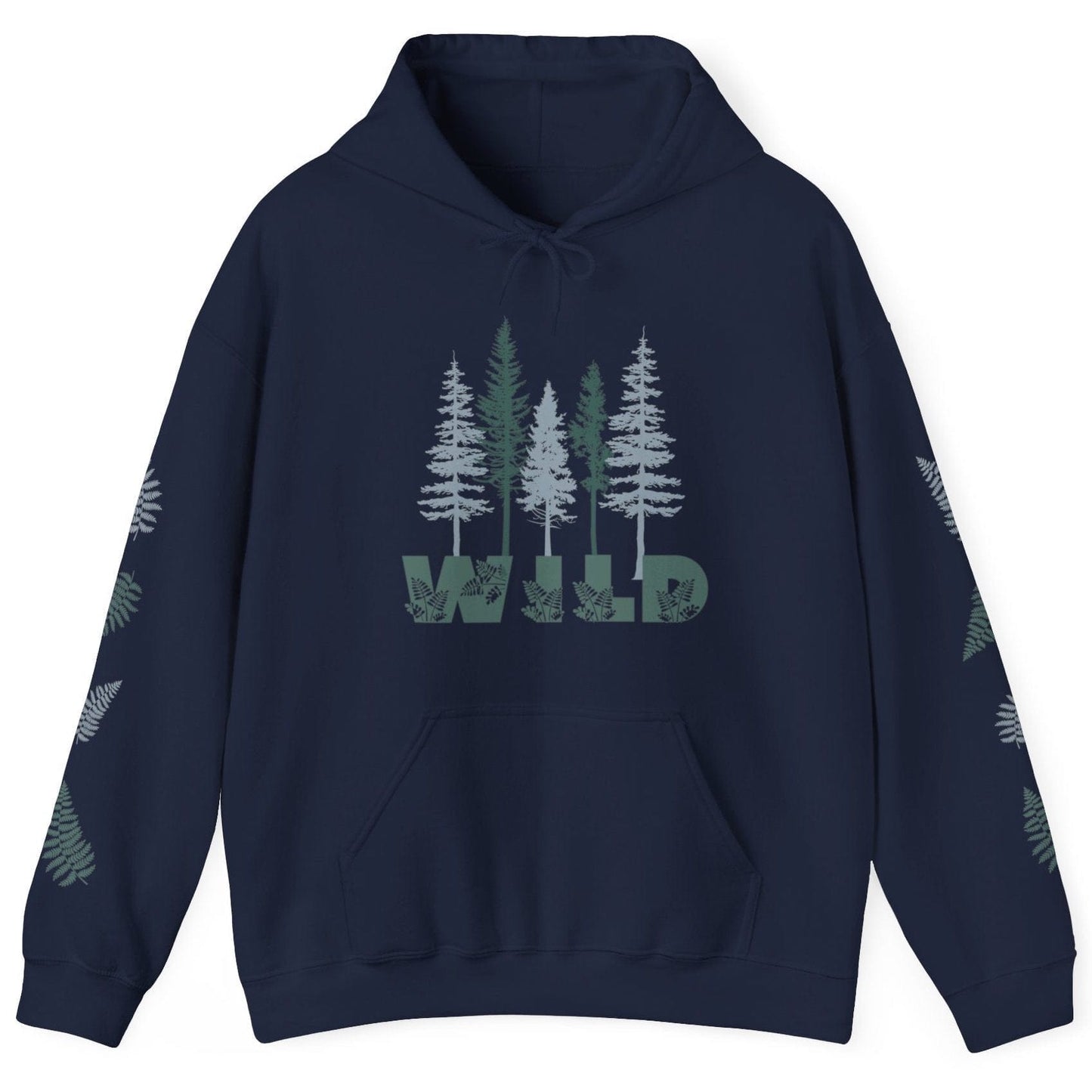 Navy nature lover's hoodie with pine trees and says WILD