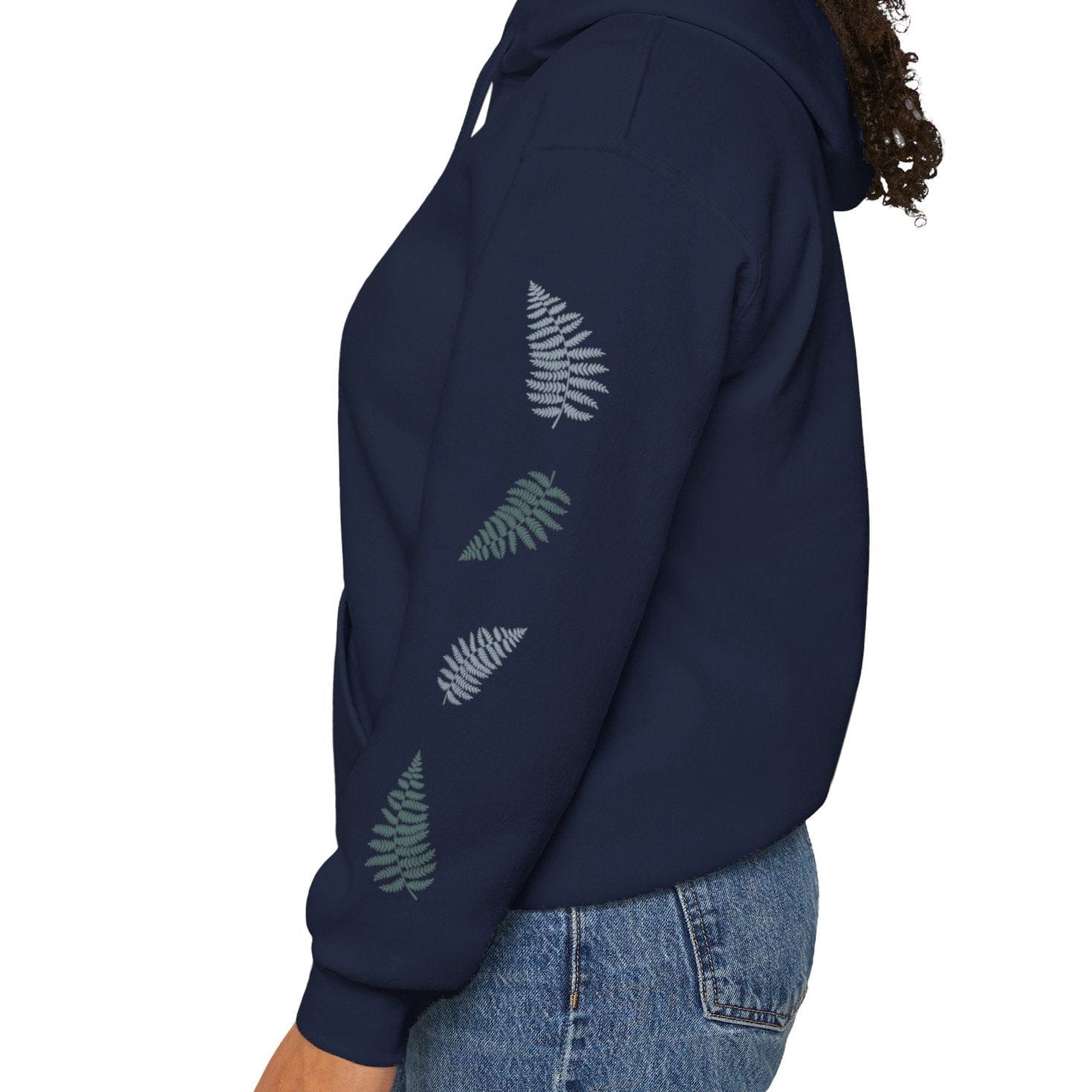 Navy nature lover's hoodie with pine trees and says WILD